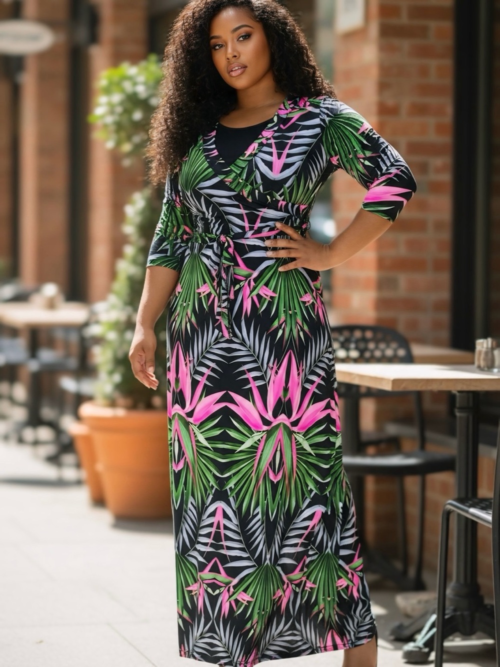 Tropical Print Wrap Maxi Dress - Pink & Green